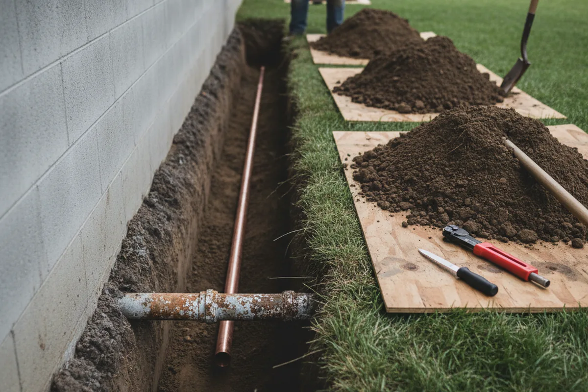 Excavated water line trench during Water Heater Repair in Trafford